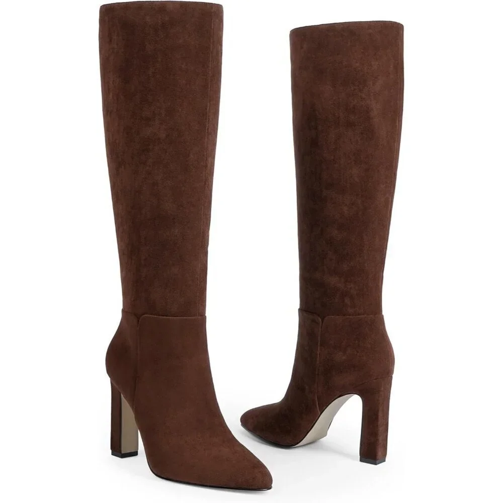 Women's Chocolate Knee High Almond Toe Chunky Block High Heel Side Zipper Boots